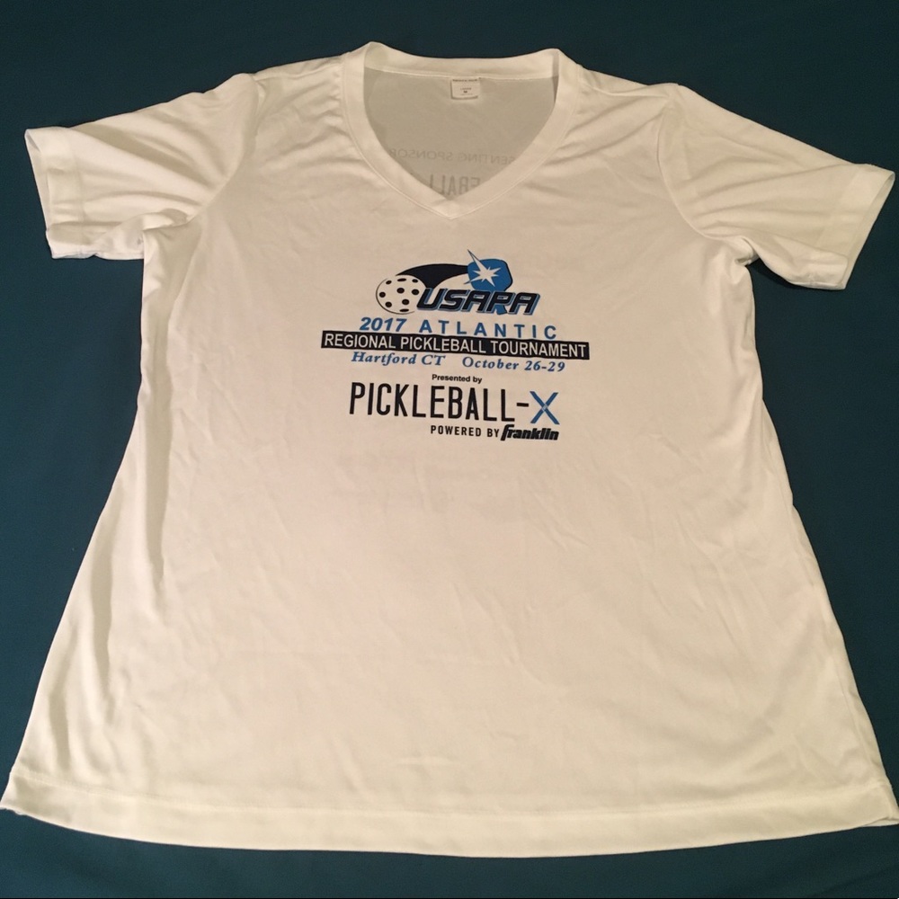 White stay dry material t-shirt, pickleball themed